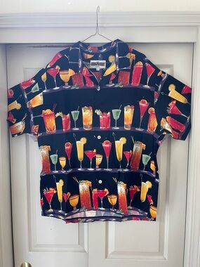 Cocktail Print Short-Sleeve Button-Up Shirt - Black